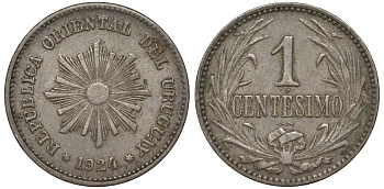 Уругвай 1 сентесимо 1924 KM 19 медно-никель 4169-647