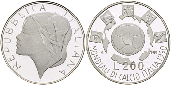 Италия 200 лир 1989 чемпионат мира по футболу в Италии 1990 года, мяч, гербы KM 133 серебро PROOF 1074-10-53