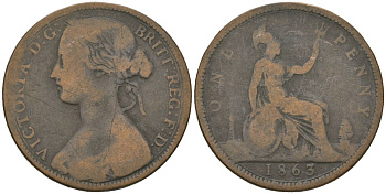 Великобритания 1 пенни 1863 Виктория (1837-1901) KM 749.2, Spink 3954 бронза 115-745