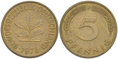 ФРГ 5 ПФЕННИГОВ 1978 F KM 107, J. 382 сталь плакированная латунью 4181-959