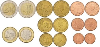 Нидерланды евронабор из 8 монет 2000 1, 2, 5, 10, 20, 50 евроцентов, 1 и 2 евро KM 210, 211, 212, 247, 248, 249, 250, 251 UNC N6-39