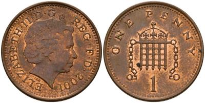 Великобритания 1 пенни 2001 Елизавета II (1952-2022) KM 986, Spink 4710 (B5) сталь плакированная медью 4154-1017