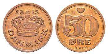 Дания 50 эре 2015 S; B, Маргрете II (1972-2024 ) KM 866 бронза UNC 4514-551