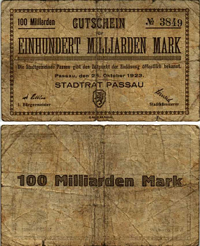 ПАССАУ 100000000000 МАРОК 1923 НОТГЕЛЬД, 25 ОКТЯБРЯ 1923, ЗЕМЛЯ БАВАРИЯ бумага 8564-46-4