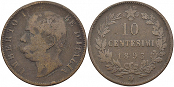 ИТАЛИЯ 10 ЧЕНТЕЗИМО 1893 B/I, УМБЕРТО I (1878-1900) KM 27.1 медь 114-632