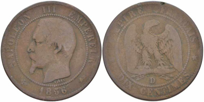 ФРАНЦИЯ 10 САНТИМОВ 1856 D, НАПОЛЕОН III (1852-1870) KM 771.4, LE FRANC 133.35 бронза 38-1222