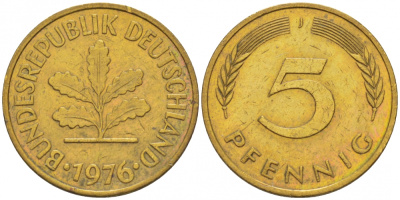 ФРГ 5 ПФЕННИГОВ 1976 J KM 107, J.382 сталь плакированная латунью 4396-1639