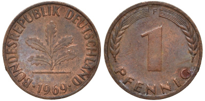 ФРГ 1 пфенниг 1969 F KM 105, J.380 сталь плакированная медью 4174-451