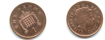 Великобритания 1 пенни 2000 Елизавета II (1952-2022) KM 986, Spink 4710 (B5) сталь плакированная медью UNC 89-545