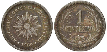 Уругвай 1 сентесимо 1909 KM 19 медно-никель 4169-565