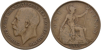 Великобритания 1 пенни 1919 Георг V (1910-1936) KM 810, Spink 4051 бронза 4144-824