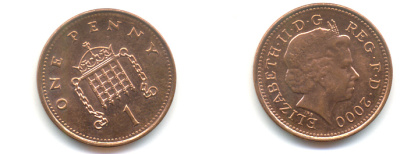 Великобритания 1 пенни 2000 Елизавета II (1952-2022) KM 986, Spink 4710 (B5) сталь плакированная медью UNC 89-545