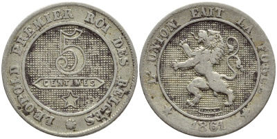 БЕЛЬГИЯ 5 САНТИМОВ 1861 BELGES KM 21 медно-никель 26-549