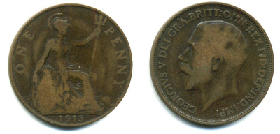 Великобритания 1 пенни 1915 Георг V (1910-1936) KM 810, Spink 4051 бронза 56-232