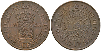 Голландская (Нидерландская) Индия 2 1/2 цента 1945 KM 316 бронза aUNC 221-935