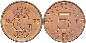 Швеция 5 эре 1976 U, Карл XVI Густав (1973- ) KM 849 бронза 4516-434