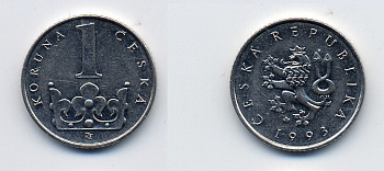 ЧЕХИЯ 1 КРОНА 1993 KM 7 сталь плакированная никелем 46-937