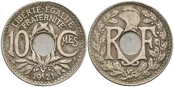 Франция 10 сантимов 1921 тип Линдайё KM 866a, Le Franc 138.3 медно-никель 4143-912