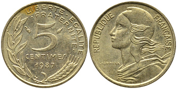 ФРАНЦИЯ 5 САНТИМОВ 1987 ТИП MARIANNE KM 933 медь алюминий никель 99-1122