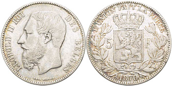 Бельгия 5 франков 1870 Леопольд II (1865-1909) KM 24 серебро 4184-621