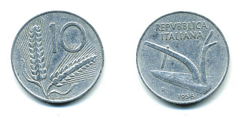 ИТАЛИЯ 10 ЛИР 1956 R, ПЛУГ KM 93 алюминий 23-1157