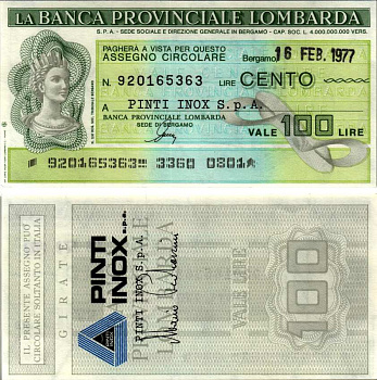 Италия чек на 100 лир 1977 16 февраля 1977, La Banca provinciale lombarda бумага UNC (пресс) 7203-37-2-1