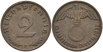 Германия 2 рейхспфеннига 1939 D KM 90, J. 362 бронза 4151-142