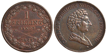 Швеция 1 скиллинг 1843 Карл XIV Юхан (1818-1844) KM 642 медь 4179-1123