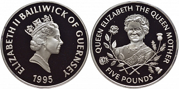 Гернси 5 фунтов 1995 Королева Елизавета, королева мать KM 66a серебро PROOF 01-057-12