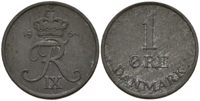 Дания 1 эре 1963 N; S, Фредерик IX (1947-1972) KM 839 цинк 4154-1164