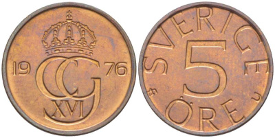 Швеция 5 эре 1976 U, Карл XVI Густав (1973- ) KM 849 бронза 4516-434