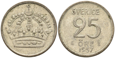 Швеция 25 эре 1957 T;S, Густав VI Адольф (1950-1973) КМ 824 серебро 4160-1249