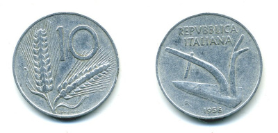 ИТАЛИЯ 10 ЛИР 1956 R, ПЛУГ KM 93 алюминий 23-1157