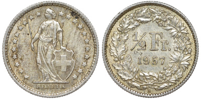 Швейцария 1/2 франка 1957 KM 23 серебро 4174-135