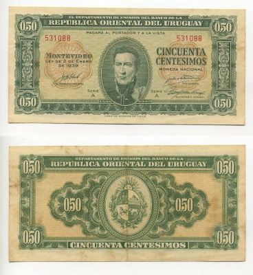 УРУГВАЙ 50 СЕНТЕСИМО 1939 2 ЯНВАРЯ 1939 Pick 34, СЕРИЯ A бумага XF 6294-84-1