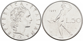 ИТАЛИЯ 50 ЛИР 1977 R, БОГ ОГНЯ ВУЛКАН У НАКОВАЛЬНИ KM 95.1 нержавеющая сталь 3996-943