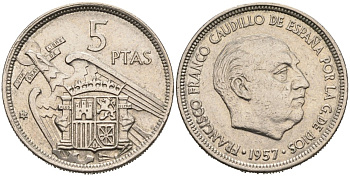 Испания 5 песет 1957(72) Франсиско Франко (1939-1975) KM 786 медно-никель 4571-1225