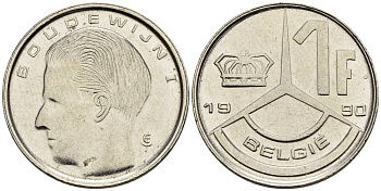 БЕЛЬГИЯ 1 ФРАНК 1990 BELGIE KM 171 сталь плакированная никелем 4528-1047