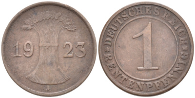 ГЕРМАНИЯ 1 РЕНТЕНПФЕННИГ 1923 А KM 30, J. 306 бронза 4588-339