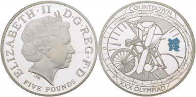 Великобритания 5 фунтов 2011 Елизавета II (1952-2022), XXX Летние Олимпийские игры 2012 в Лондоне 2012 - Обратный отсчет 1 год до начала, велосипедный спорт, KM 1202, Spink LO35 серебро PROOF 11-176-21