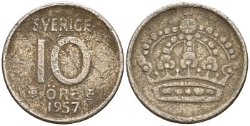 Швеция 10 эре 1957 Густав VI Адольф (1950-1973) KM 823 серебро 4147-916