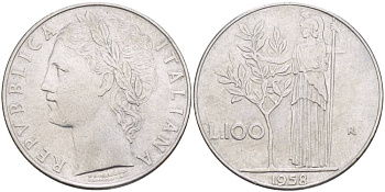 ИТАЛИЯ 100 ЛИР 1958 R, АФИНА У ОЛИВКОВОГО ДЕРЕВА KM 96.1 нержавеющая сталь 4545-623
