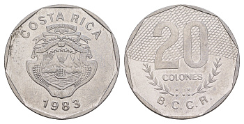 Коста-Рика 20 колон 1983 KM 216.1 нержавеющая сталь 4653-1013