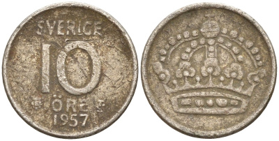 Швеция 10 эре 1957 Густав VI Адольф (1950-1973) KM 823 серебро 4147-916