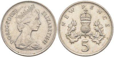 Великобритания 5 пенсов 1979 Елизавета II (1952-2022) KM 911, Spink 4233 (D1) медно-никель 4586-933
