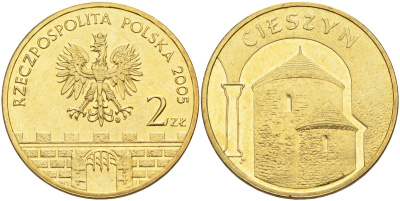 Польша 2 злотых 2005 MW, серия польские города, Цешин (Cieszyn) KM 753, Parchimowicz 962 латунь 4586-1055