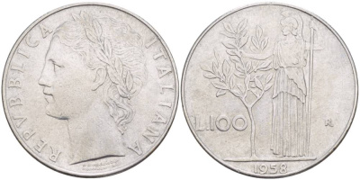 ИТАЛИЯ 100 ЛИР 1958 R, АФИНА У ОЛИВКОВОГО ДЕРЕВА KM 96.1 нержавеющая сталь 4545-623