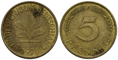 ФРГ 5 пфеннигов 1978 F J.382, KM 107 сталь плакированная латунью    4598-1017