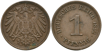 Германия 1 пфенниг 1892 D, Вильгельм II (1888-1918) KM 10, J. 10 медь 4608-128