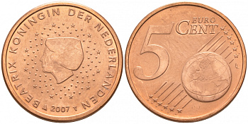 НИДЕРЛАНДЫ 5 ЕВРОЦЕНТОВ 2007 KM 236 сталь плакированная медью UNC 186-243